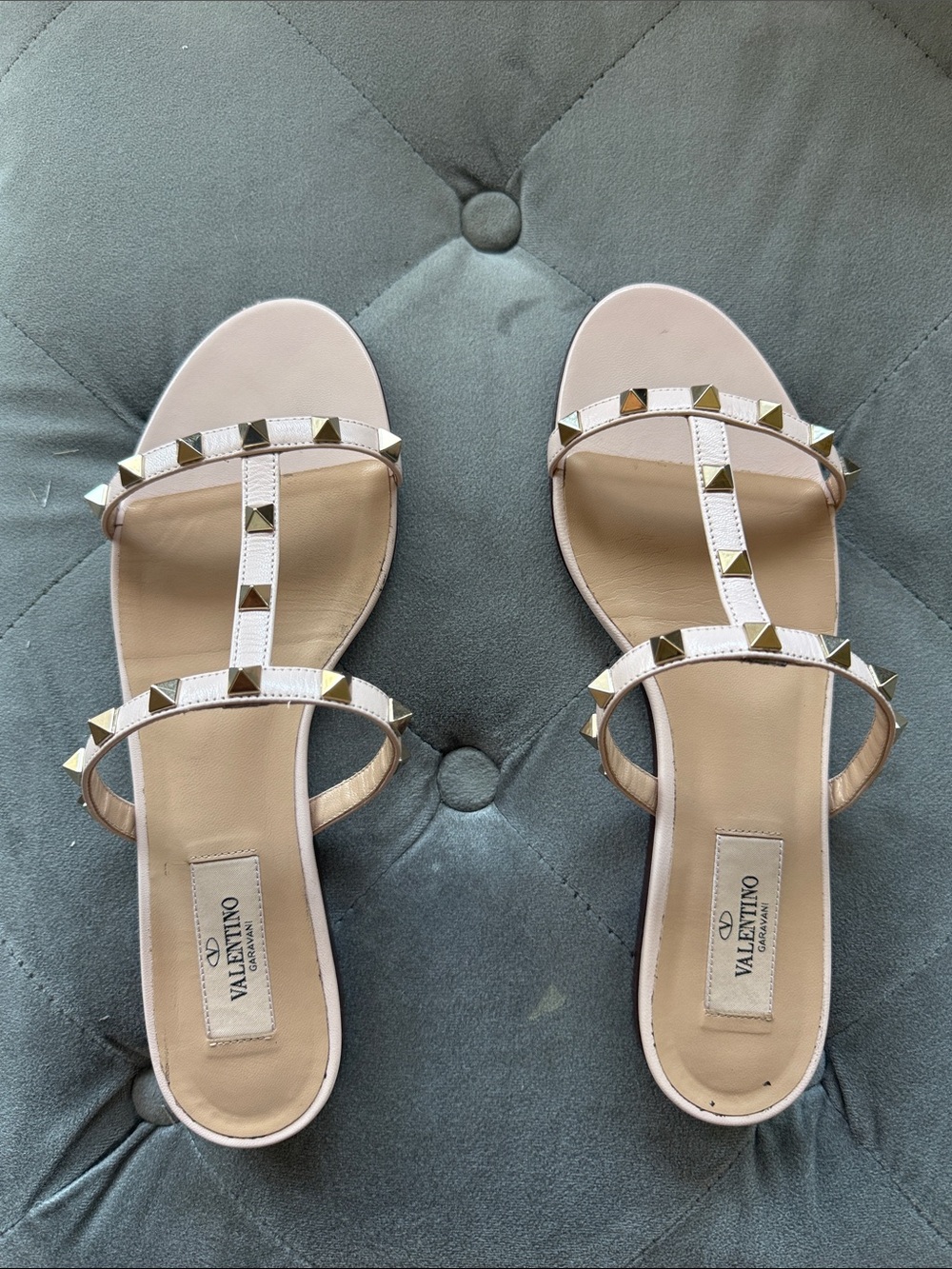 Valentino Garavani White Leather Rockstud T-Strap Slide Sandals size 38